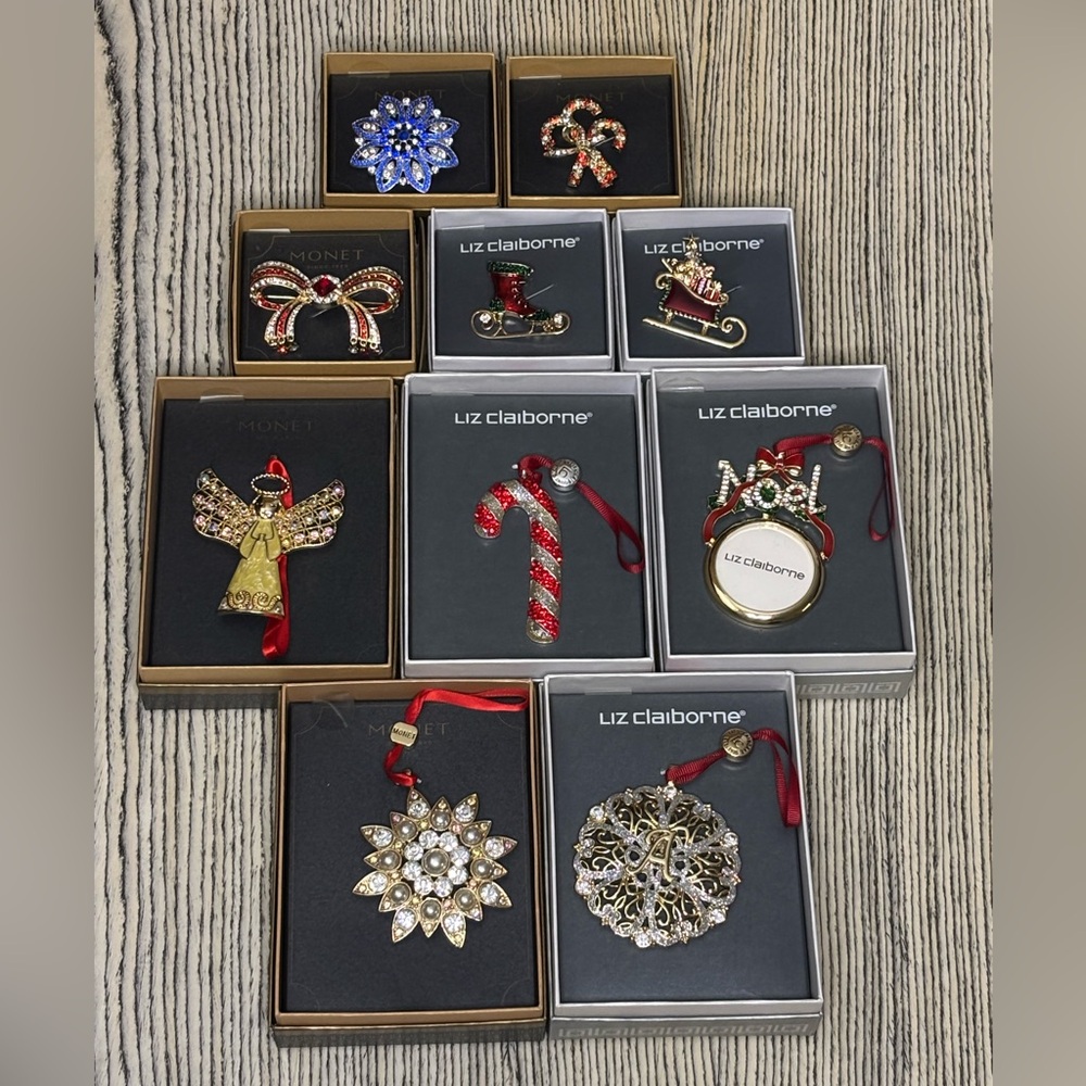 Money & Liz Claiborne Holiday Brooch and Ornament Set